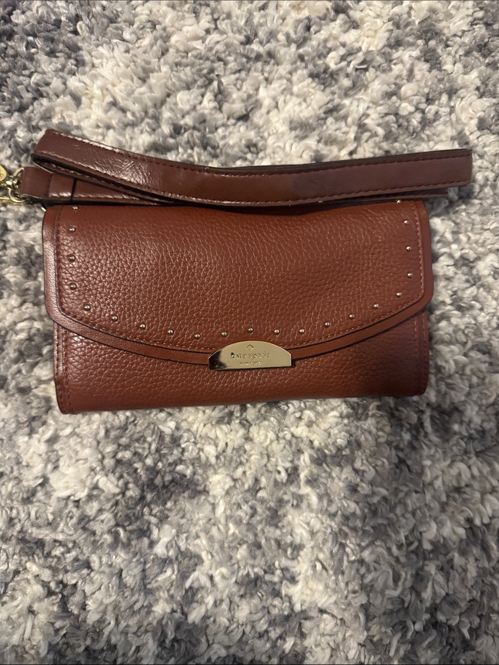 kate spade Brown Pebbled Leather Wristlet Clutch with Gold Studs